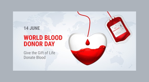 Realistic world blood donor day horizontal banner template with blood bag and heart