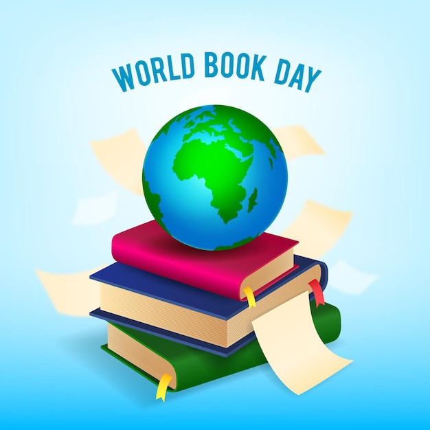 Realistic world book day illustration with planet and stack of books