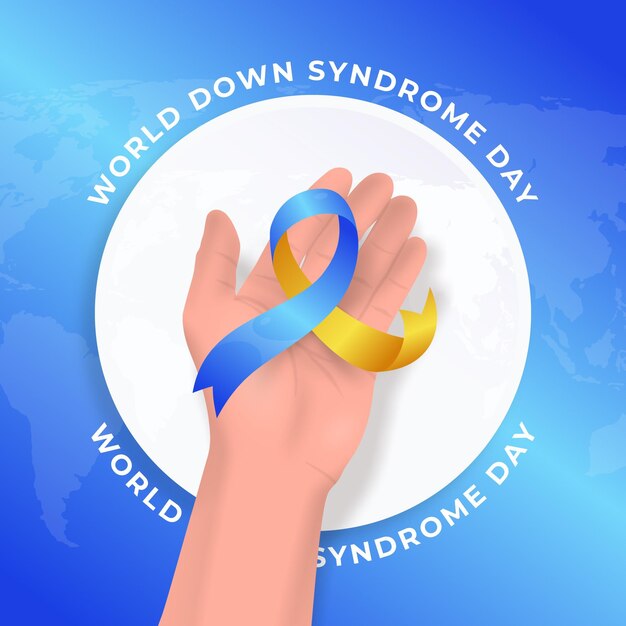 Realistic world down syndrome day illustration with hand holding ribbon