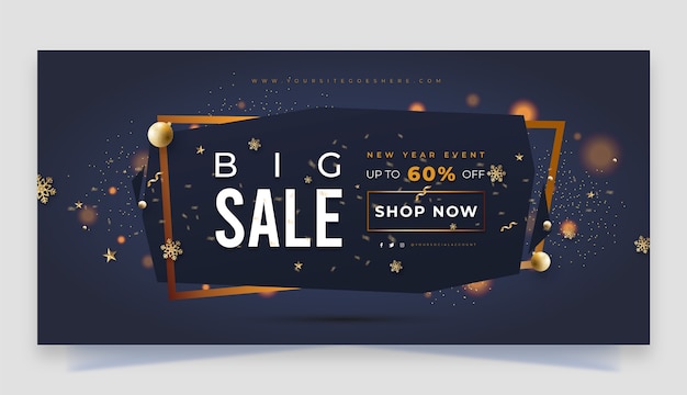 Realistic year end sale horizontal banner template