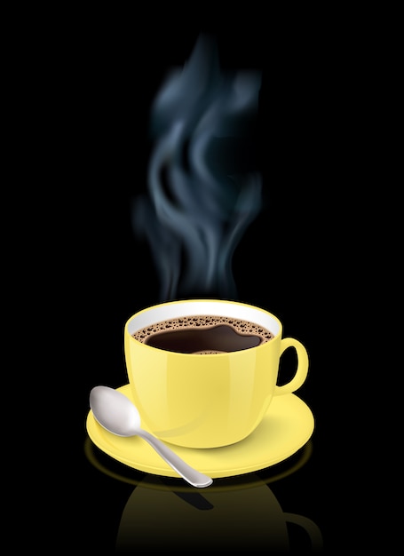 Free Vector realistic yellow cup filled with black classic espresso on black background