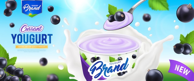 Free Vector realistic yogurt ads poster with currant yogurt nature and high quality product description  illustration