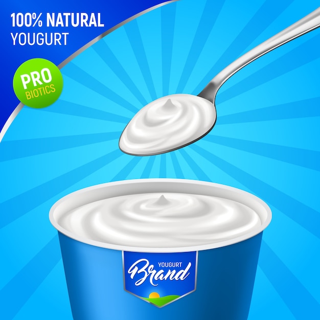 Free Vector realistic yogurt advertising with branded plastic cup of natural yoghurt with spoon and editable text vector illustration