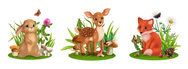 Free Vector realistic young animal compositions with rabbit deer and fox among flowers grass bushes butterflies and mushrooms vector illustration