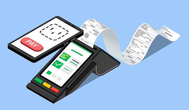 Free Vector receipt bill isometric contactless payment composition with nfc smartphone and payment terminal with long paper strip vector illustration