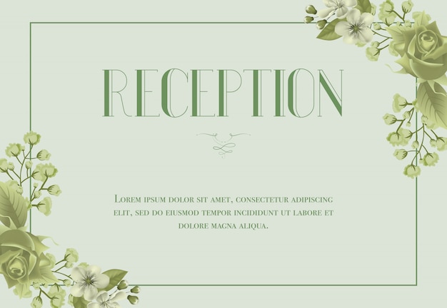 Reception card template with blossom, rose and lily of valley on light green background.