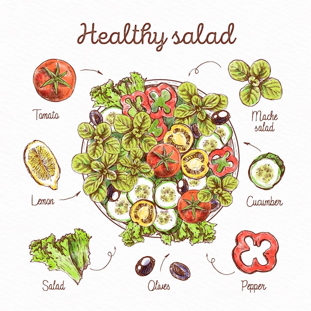 Free Vector recipe for green healthy salad