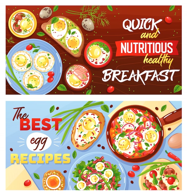 Recipes of egg dishes quick and healthy breakfast set of horizontal flat banners