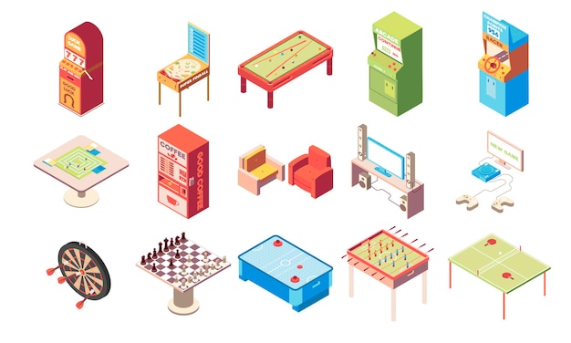 Recreation room isometric set with chess and table tennis isolated vector illustration