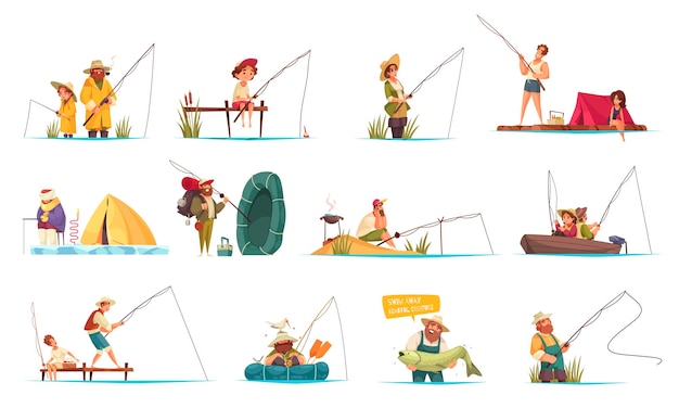 Free Vector recreational fishing cartoon set with winter ice angling family in boat catching and releasing fish vector illustration