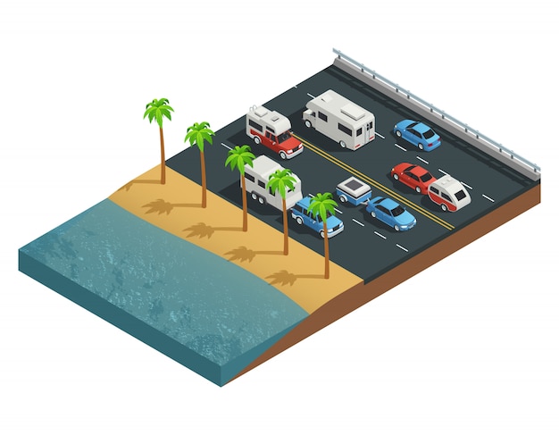 Free vector recreational vehicles on road isometric composition with trailer people and forest