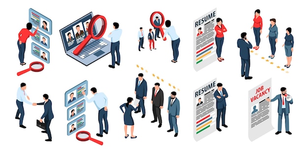 Free Vector recruiting isometric icons set with managers making choice of applicants when applying for job isolated vector illustration