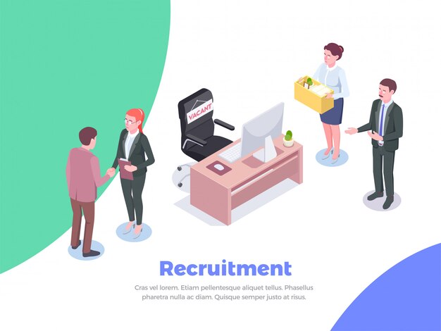 Recruitment isometric background with editable text and human characters of job candidates and office executive workers  illustration