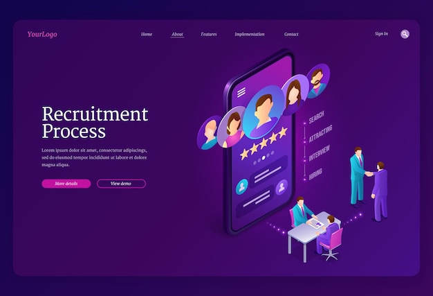 Recruitment process isometric landing page hiring agency human resource online service tiny people at huge smartphone research and interviewing applicant for vacant work place web banner