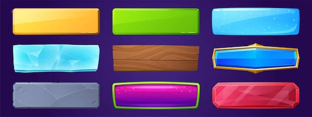 Rectangle buttons with golden, wooden and water textures for ui game design. Vector cartoon set of glossy labels from ice, stone, red crystal and purple jelly isolated on background