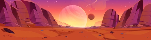 Free vector red alien planet surface with rocky stones vector cartoon illustration of martian desert landscape covered with orange dust stars glowing in sky cosmic galaxy exploration adventure game background