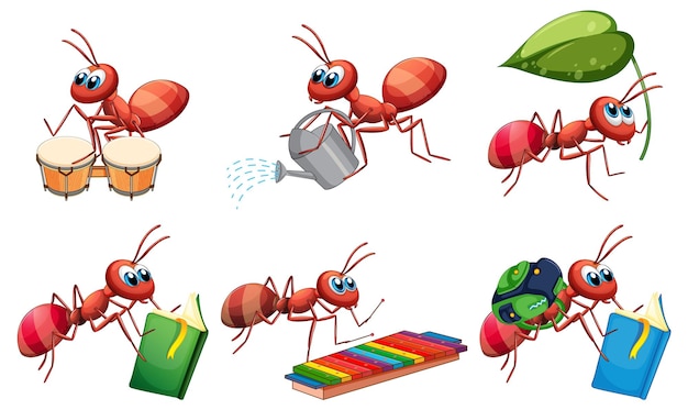 Free vector red ants doing different activities