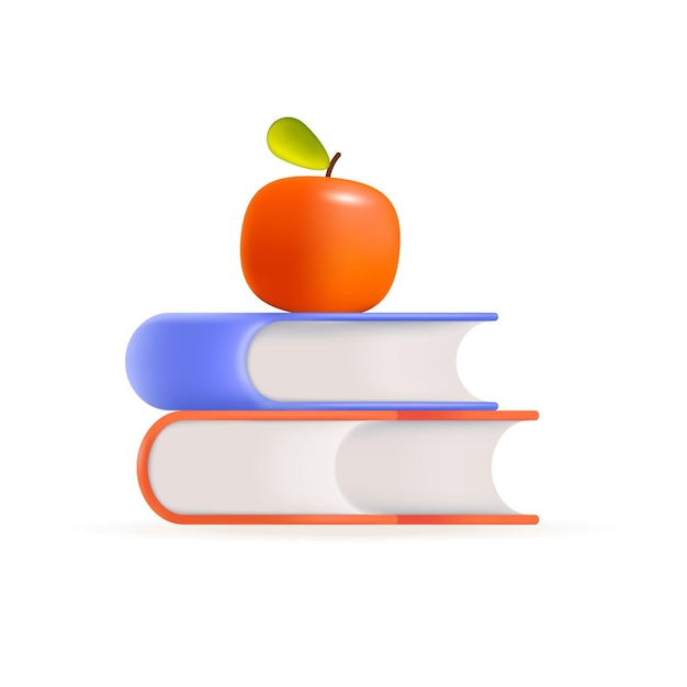 Free Vector red apple on top of books 3d illustration. cartoon drawing of stack of textbooks with apple in 3d style on white background. education, literature, knowledge concept