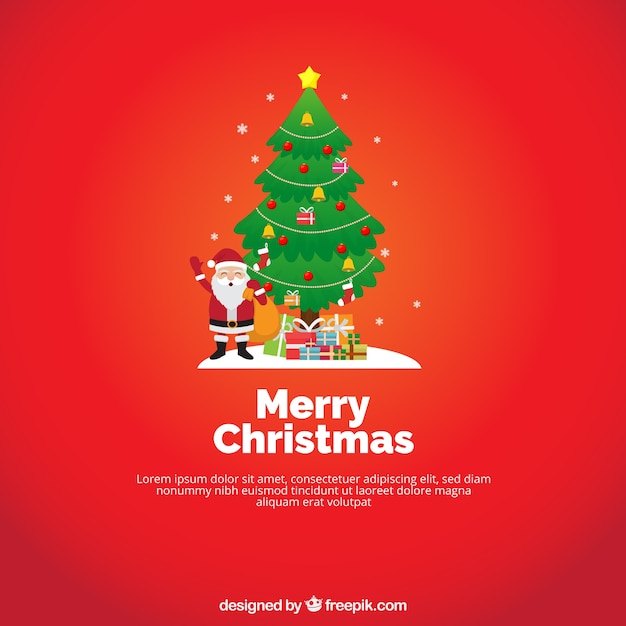 Red background of santa claus next to a christmas tree