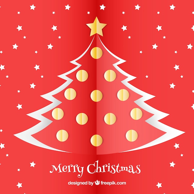 Red background with a christmas tree in paper style