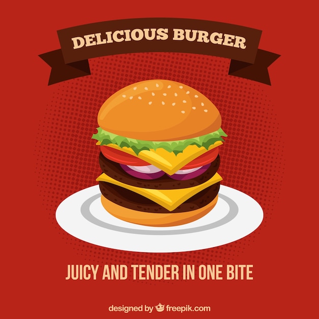 Red background with delicious cheeseburger