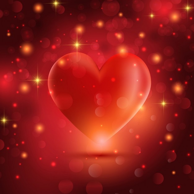 Red background with a heart, lights and bubbles