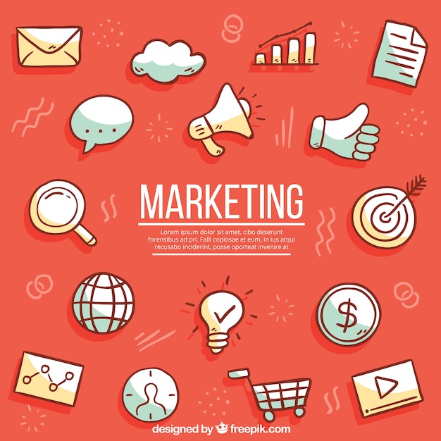 Red background with marketing elements