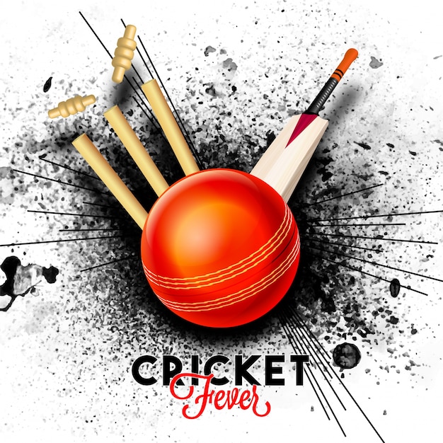  Red Ball hitting the wicket stumps with bat on black abstract splash background for Cricket Fever concept. 