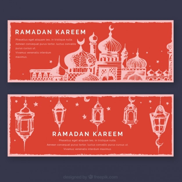 Free vector red banners with hand drawn ramadan decoration