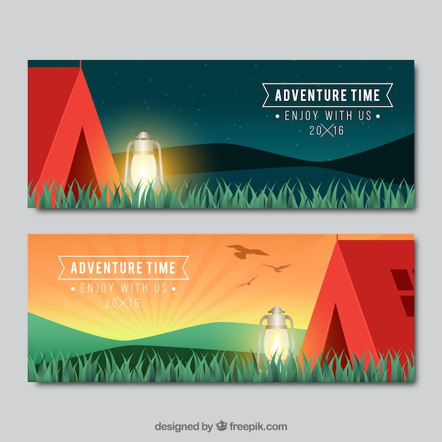 Free Vector red camping tent with grass banners