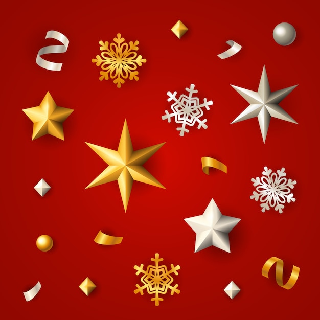 Red Christmas background with stars, snowflakes and confetti