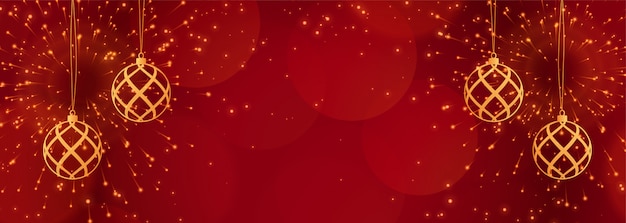 Red christmas banner with sparkles and golden balls