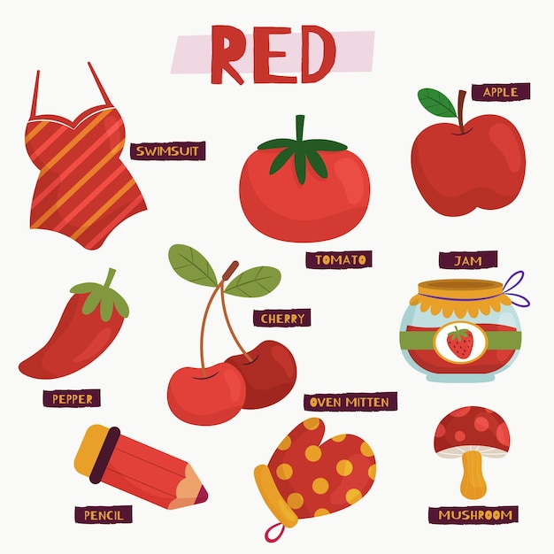 Free Vector red color and vocabulary collection in english