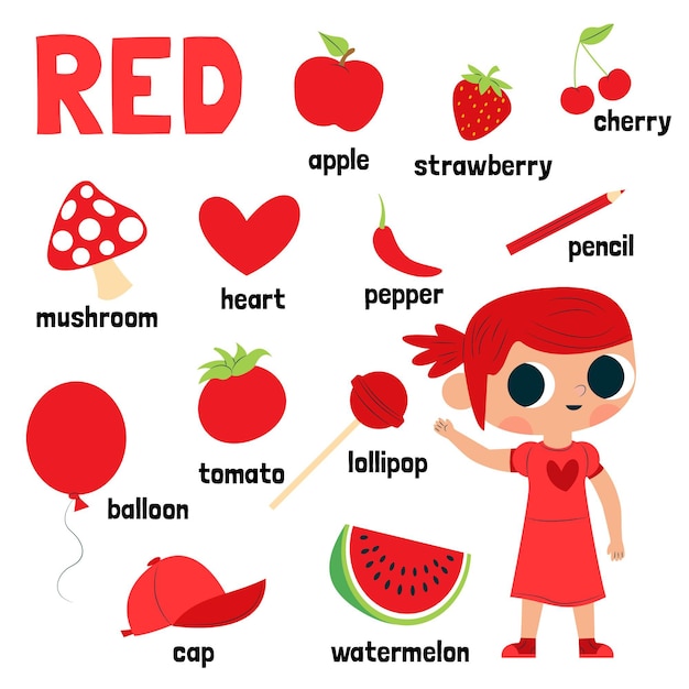 Red color and vocabulary set in english for children