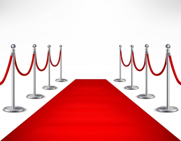 Free Vector red event carpet and silvery barriers on white background realistic vector illustration