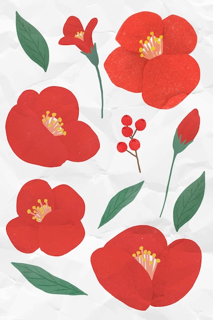 Free vector red flower element set on a crumpled white paper background