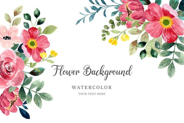 Red flower frame background with watercolor