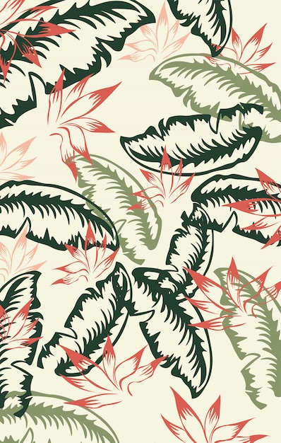 Free Vector red, green and dark green palm leaf pattern. vintage 