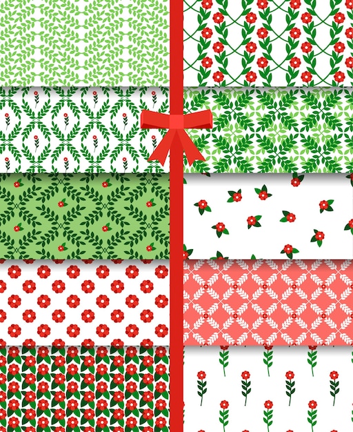 Free vector red and green flowers and branches simple seamless pattern set.