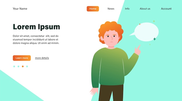 Red-haired guy pointing at empty speech bubble. Finger, chat, network flat vector illustration. Communication and message concept website design or landing web page