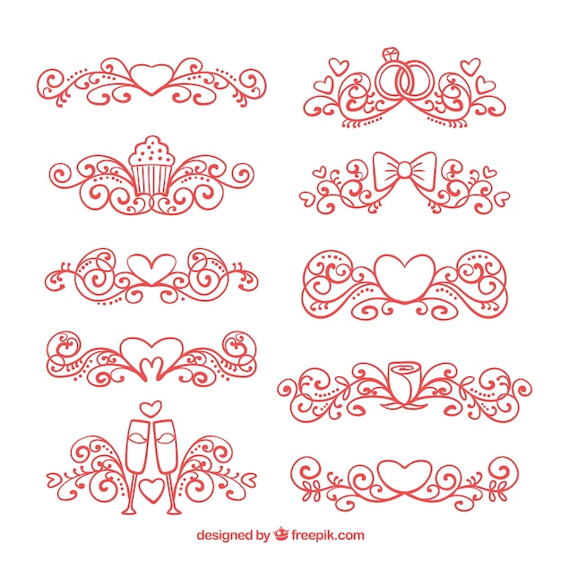 Free vector red hand drawn wedding ornaments