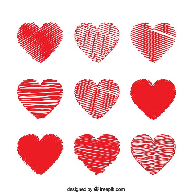 Red hearts in doodle style