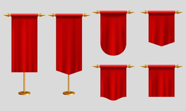 Red long pennant flags different shapes on gold stand