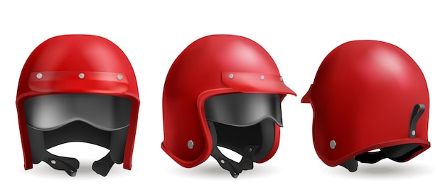 Red motorcycle helmet with glasses, biker headwear