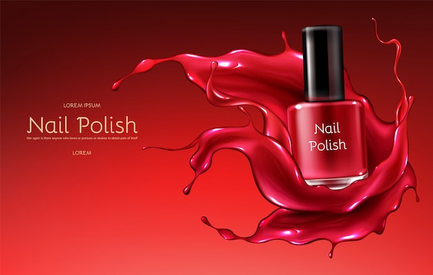 Free Vector red nail polish 3d realistic vector advertising banner with glass bottle in glossy