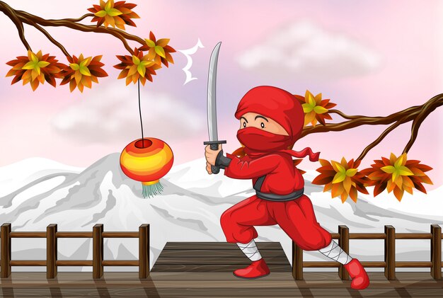 A red ninja with a sword at the wooden bridge