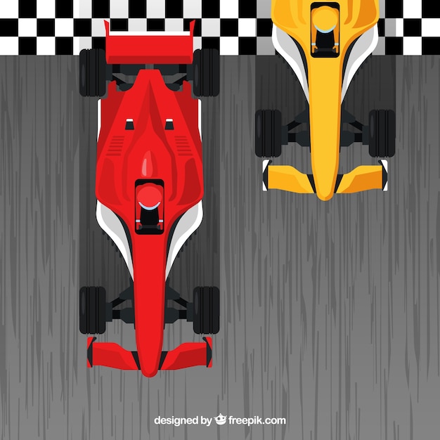 Free Vector red and orange f1 racing cars crossing finish line