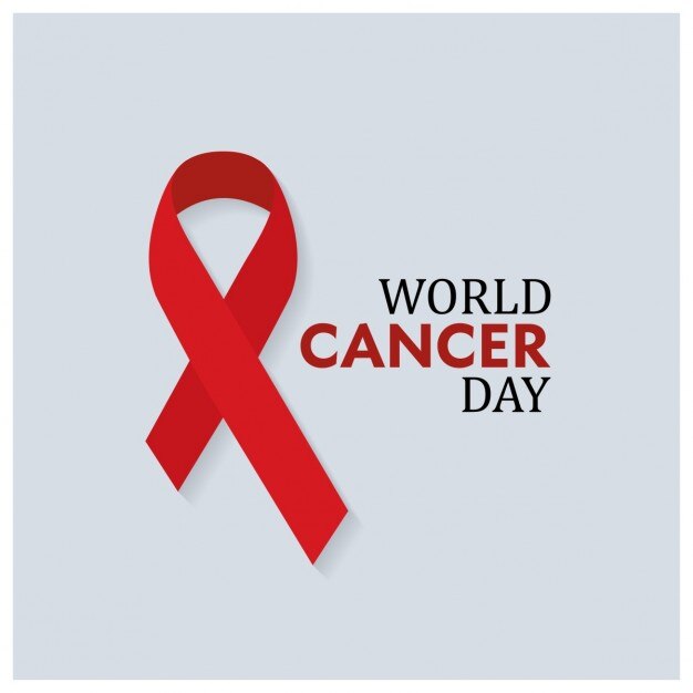 Red ribbon on gray background, world cancer day