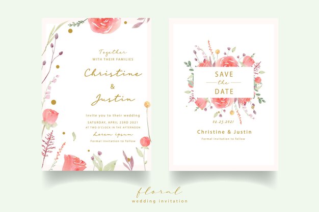 Red rose watercolor wedding invitation