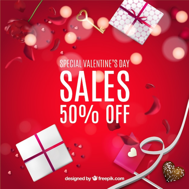 Red sale background with valentine gifts